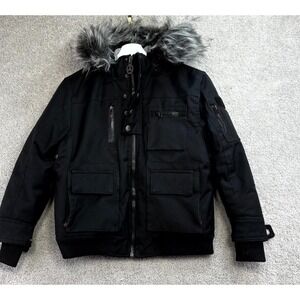 Awaknd Land Parka Jacket Boys 8 Black Lined Ribbed Faux Fur Trim Hooded Full Zip